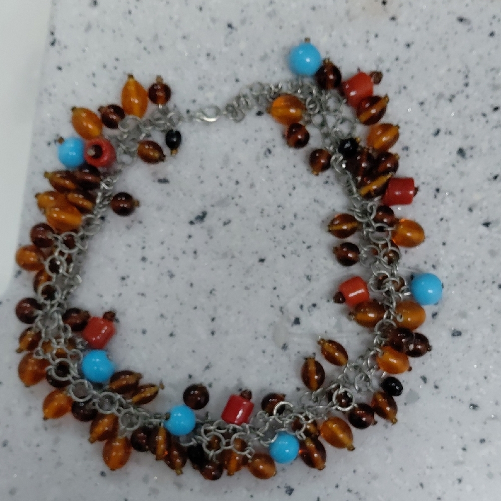 Elegant Art Glass Beaded Necklace with Turquoise and Amber Accents